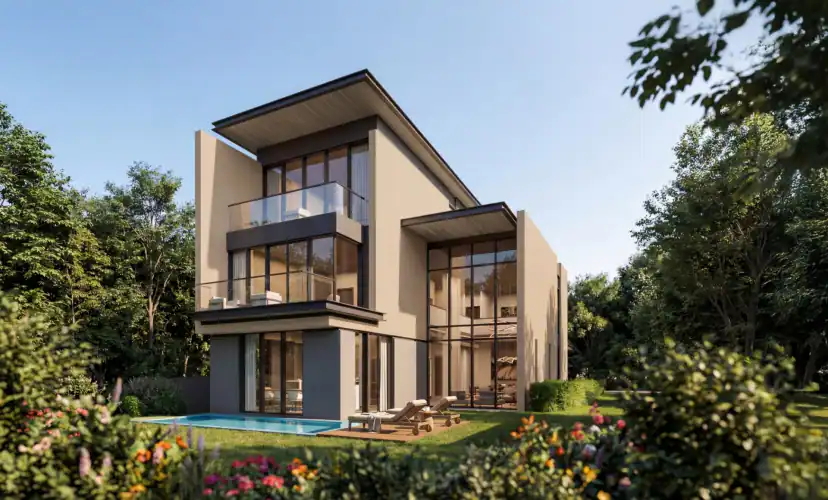 Rendering of a modern three-story house with a glass balcony and tall glazed walls, a narrow pool and loungers on a lawn, surrounded by trees and flowers.