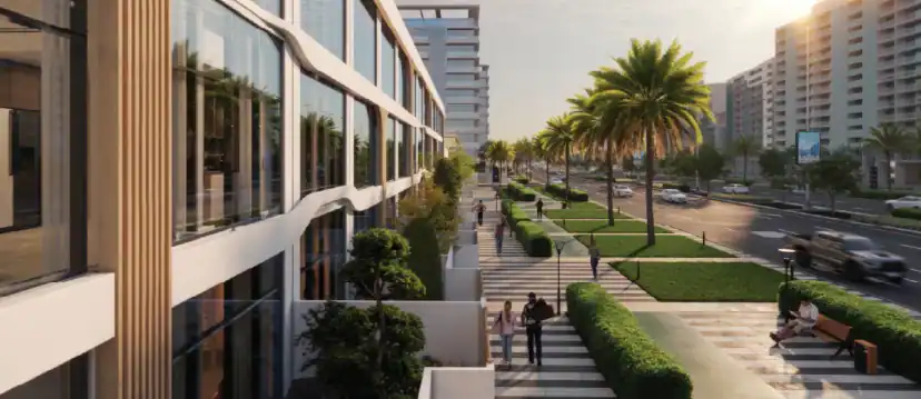 Rendering of a landscaped pedestrian walkway with steps, hedges and palm trees beside a glass-fronted building, with people walking and apartment towers beyond.
