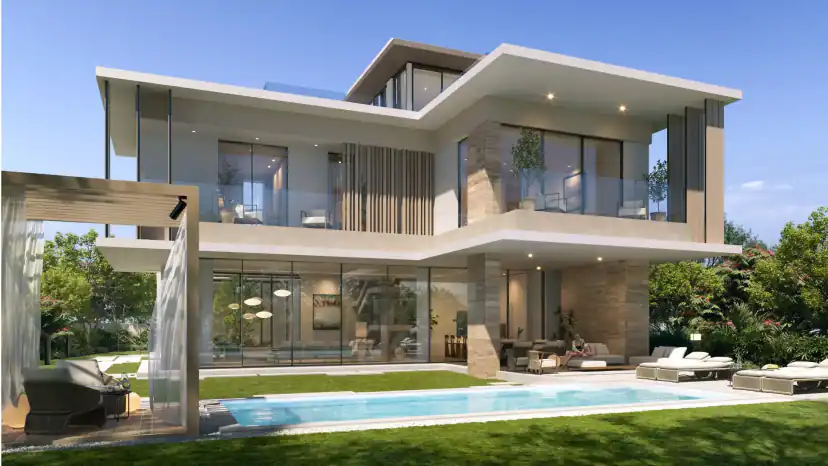 تصميم ثلاثي الأبعاد لفيلا حديثة من طابقين بجدران زجاجية كبيرة وشرفة علوية، أمامها عشب ومسبح مستطيل وكراسي تشمس.