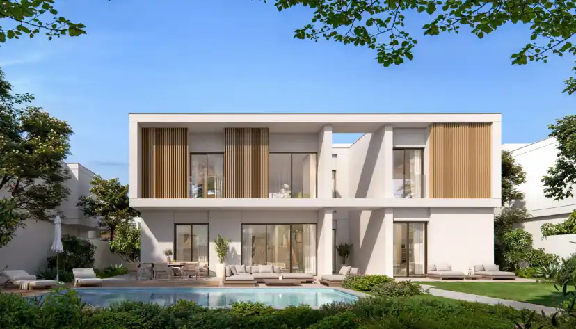 Rendering of a modern two-storey villa with a garden