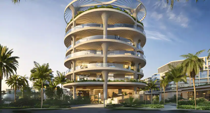 Rendering of a round multi-story white tower with wide balconies on slender columns and a planted roof ring, surrounded by palm trees and low buildings.
