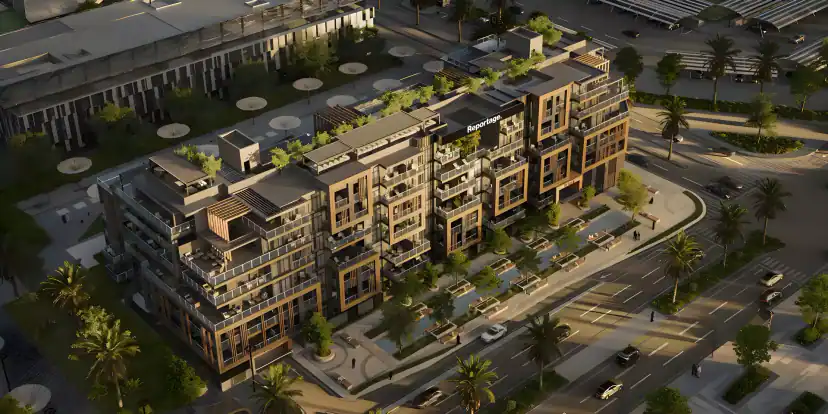 Aerial rendering of a wood-toned apartment complex with many balconies beside a curved road, surrounded by palm trees, parking areas and neighboring buildings.