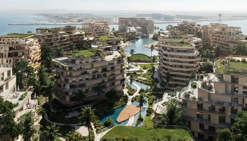 Rendering of landscaped apartments, canals and swimming pools