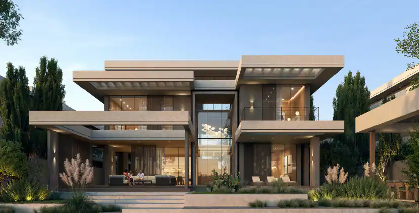 تصميم ثلاثي الأبعاد لفيلا حديثة من طابقين بأسقف مسطحة متدرجة وواجهة زجاجية عالية ومدخل وشرفة وأشجار طويلة على الجانبين.