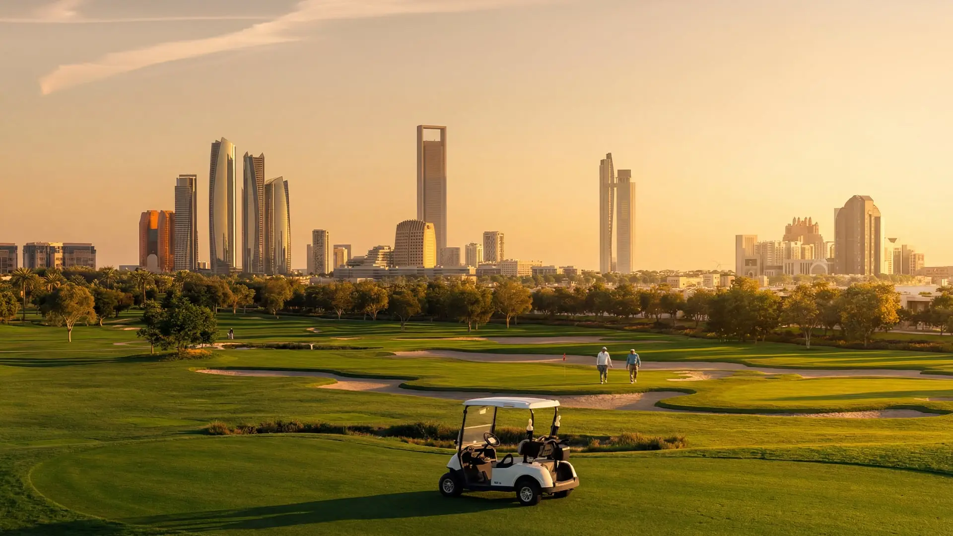 Hudayriyat Golf Estates lifestyle with golf cart and Abu Dhabi skyline