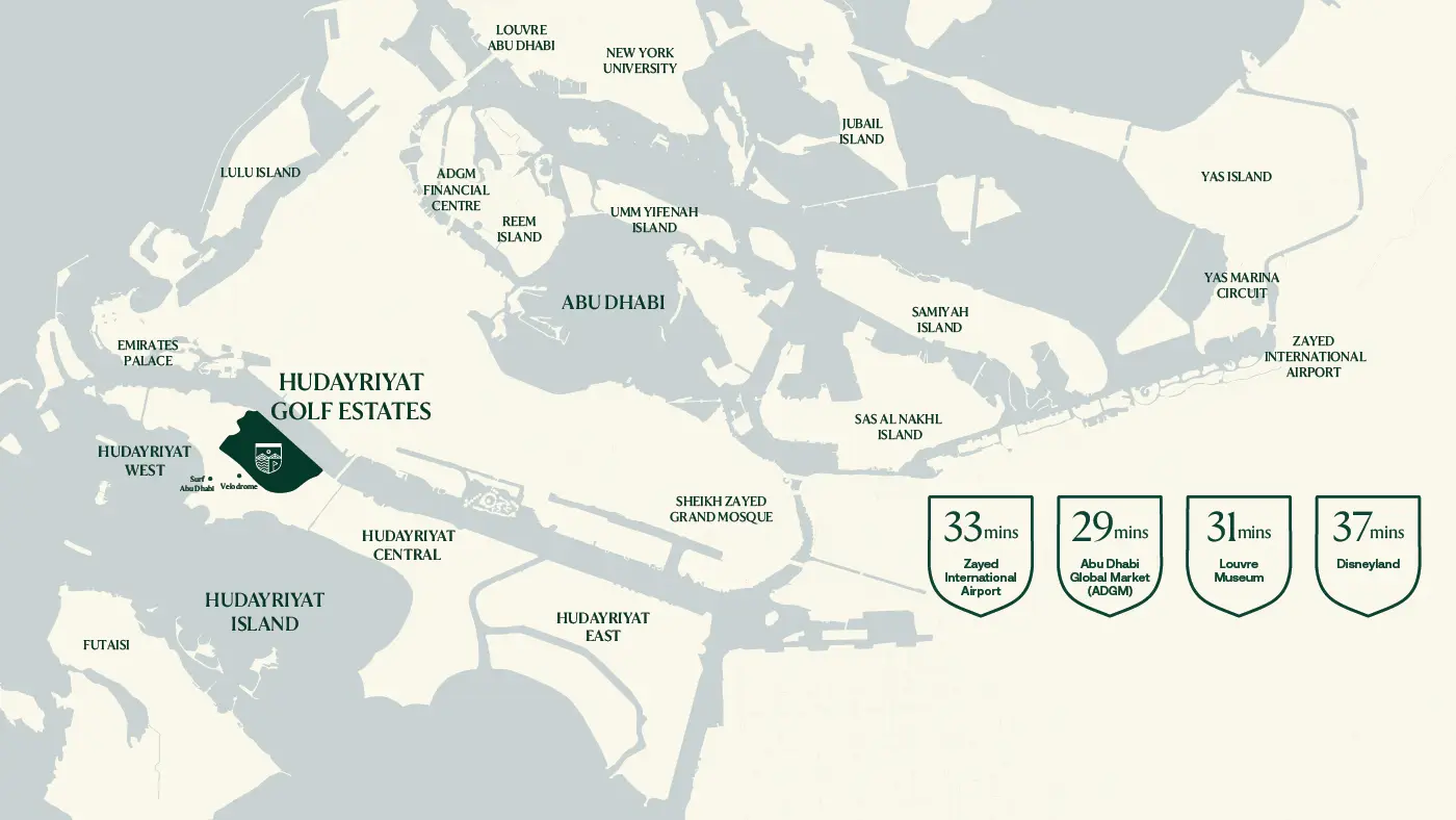 Hudayriyat Golf Estates location map in Abu Dhabi